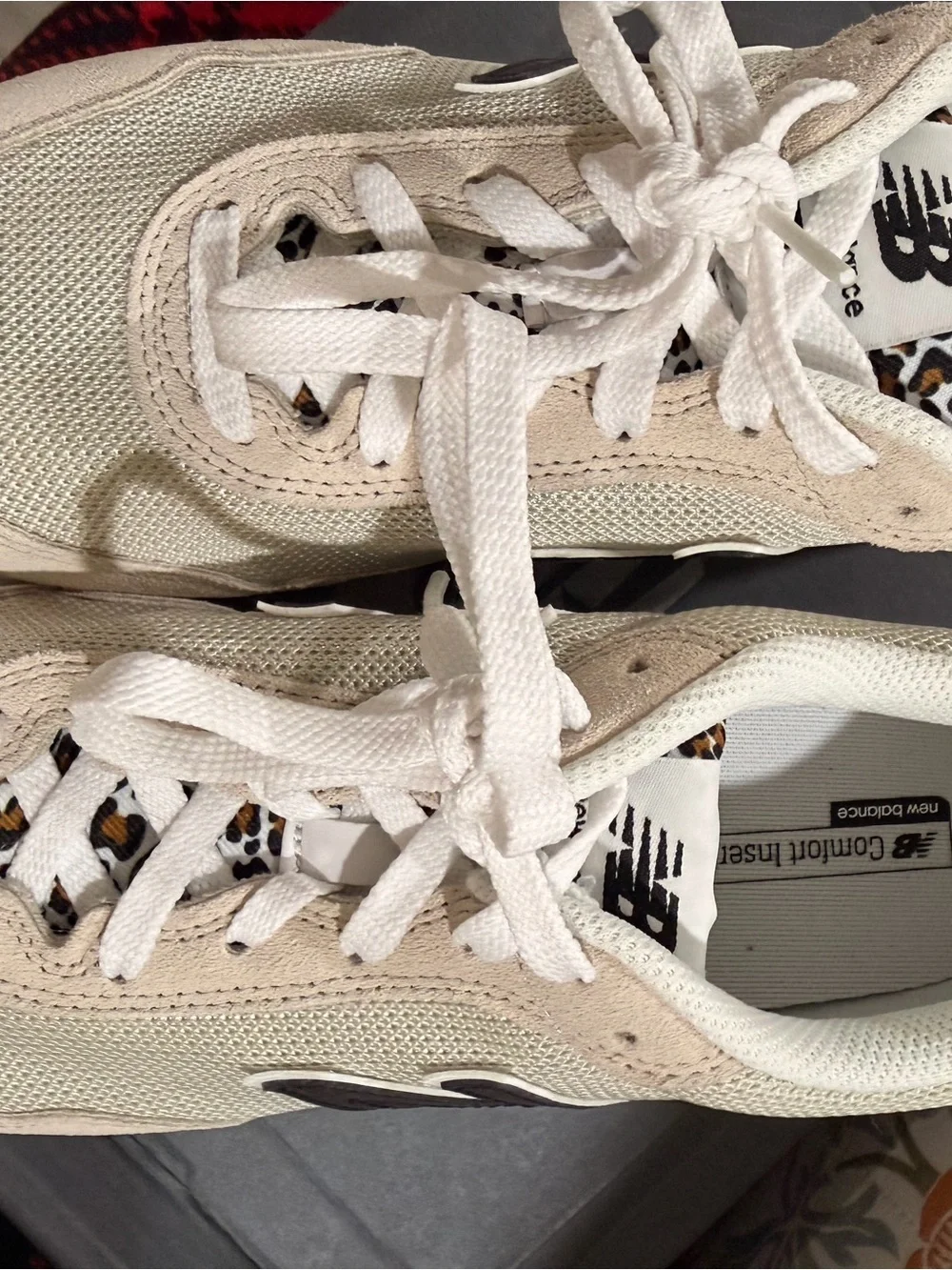 New Balance womans Beige and White Sneakers with Leopard Accent without box